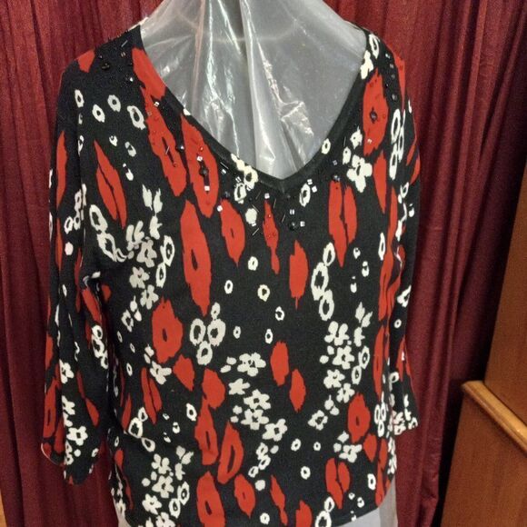 LH Sport Women's XL V Neck Lightweight Bead Embellished Sweater Granny Chic - Picture 1 of 5